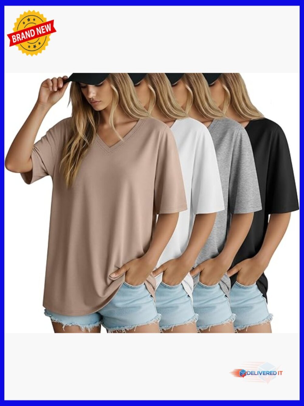 Oversized V-Neck T-Shirts 4 Pack Cotton Blend Short Sleeve Loose Fit Summer Tees